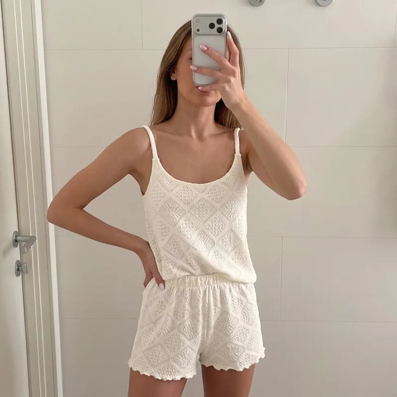 2026 Knit Crochet Pajama Set Women Spaghetti Strap Hollow Out Top & Shorts Outfit Summer Thin Loungewear Homewear