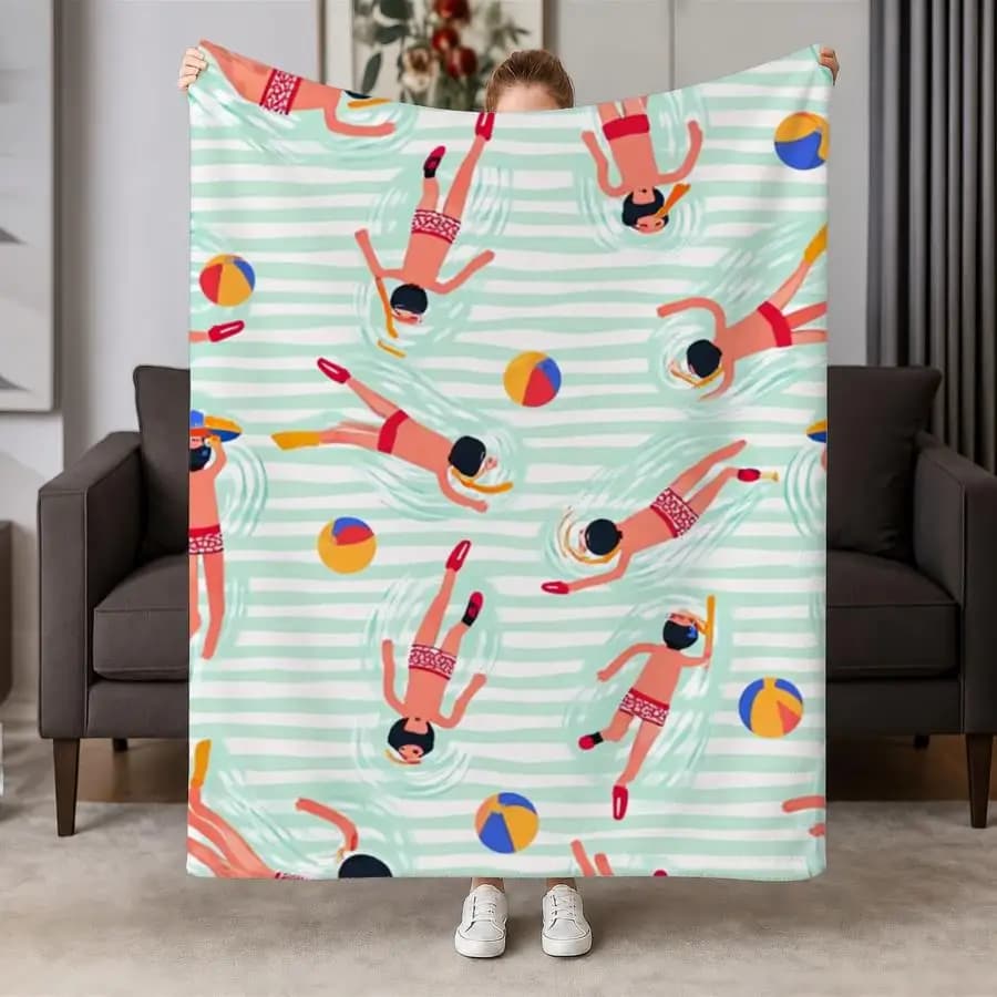Cozy Summer Swim Flannel Throw Blanket Suitable for Couch, Bed, Travel - Soft Warm Weighted Bedspread with Aquatic Mint Stripes & Beach Patterns, Machine Washable - Blanket for,,, Office Gift, 2D Flat