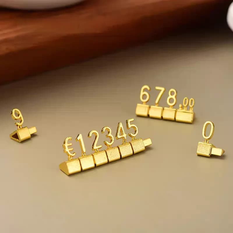 10 Strisce di Etichette Metalliche per Prezzi in Dollari ed Euro, Cubo Numerico Regolabile, Mini Espositore per Gioielli, Orologi, Anelli