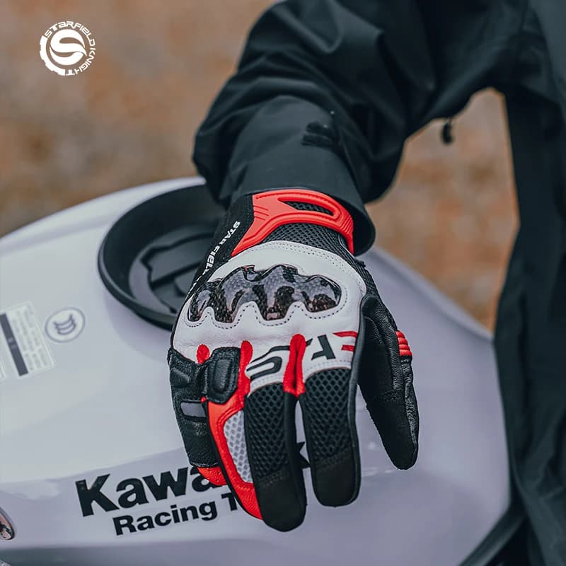 Guanti da Moto Star Field Knight in Fibra di Carbonio, Protezione Articolare, Traspiranti in Vera Pelle di Capra, per Estate