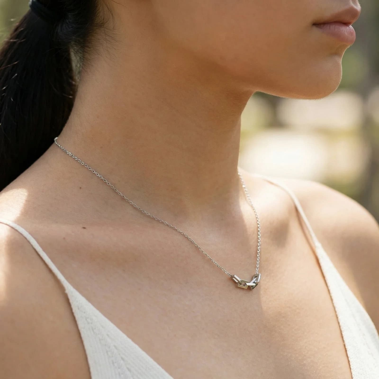 Square Link Necklace Stainless Steel Silver Color Geometric Interlocking Jewelry for Women Non-Tarnish