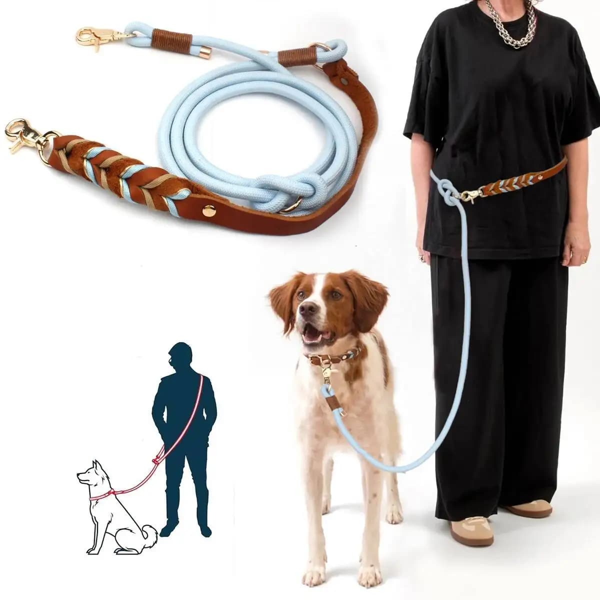 Guinzagli per cani in vera pelle Corda di piombo rotonda in nylon lunga e corta a tracolla intrecciata a mano multifunzionale
