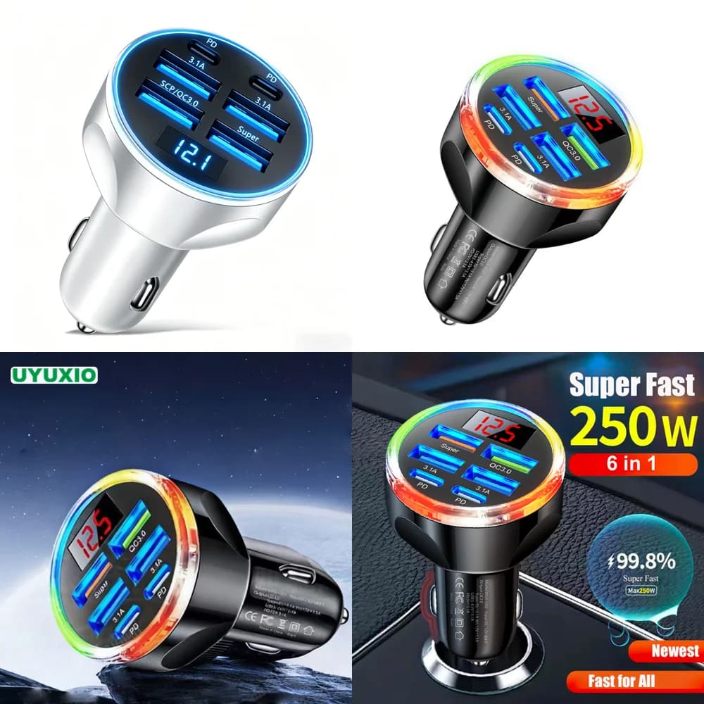 Caricabatterie da Auto USB Multi-Porta 2 PD 4 USB-A con Voltmetro, Ricarica Super Veloce con Display di Tensione per iPhone Nuovo 2026