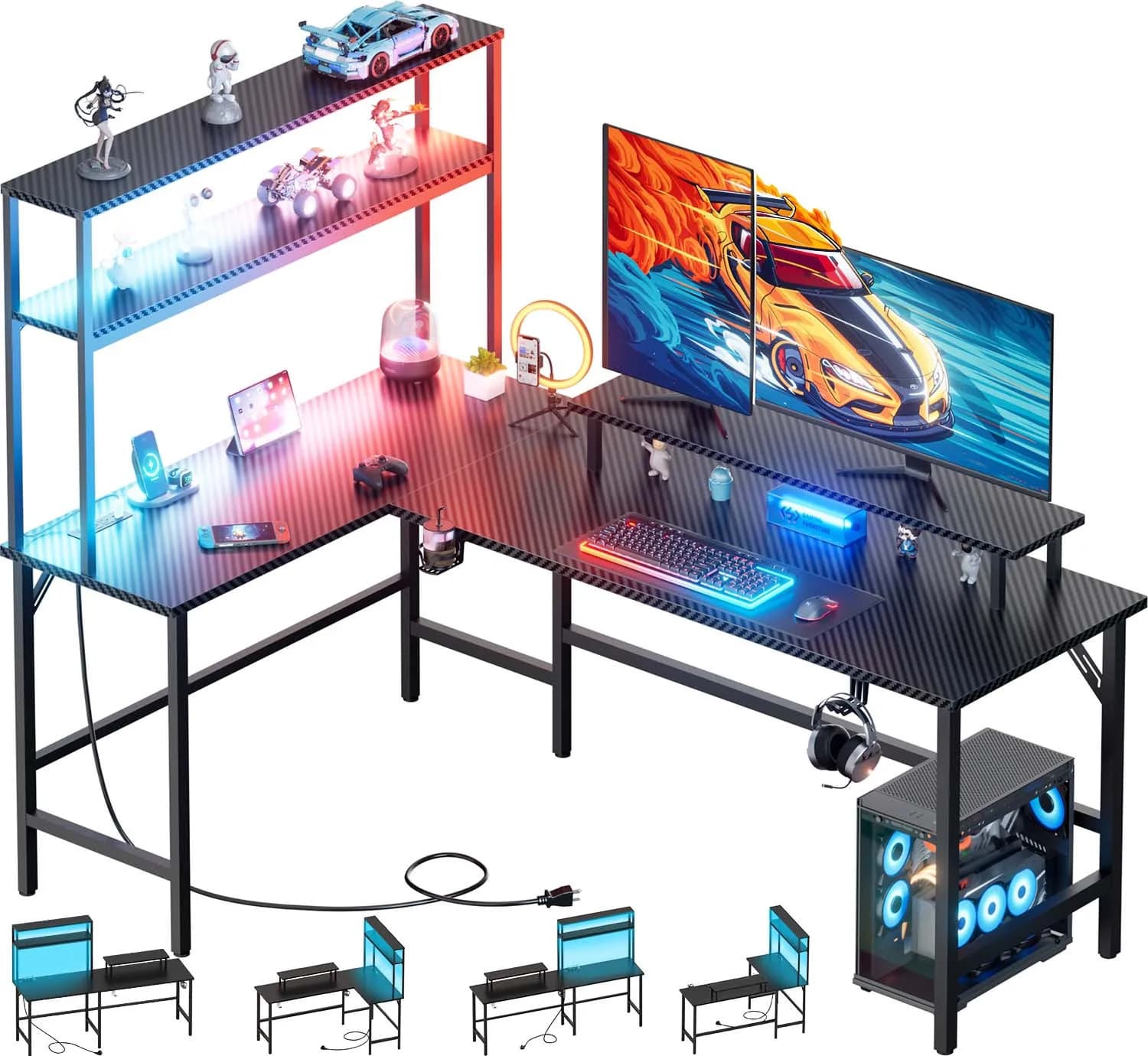 Scrivania da gioco a forma di L con luce LED e presa di corrente Tavolo per computer reversibile