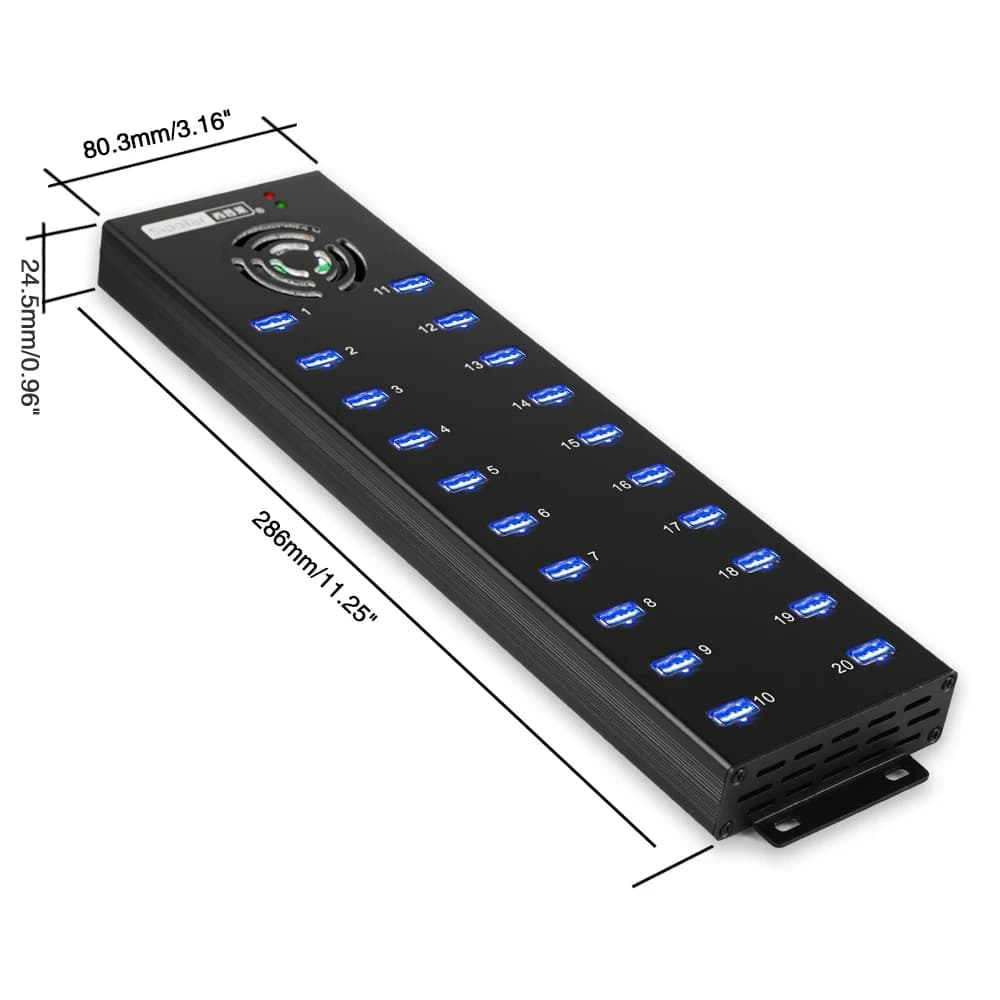 Hub USB Sipolar A-805P a 20 Porte per Ricarica e Sincronizzazione Dati con Adattatore di Alimentazione 12V 10A per Cellulari e Tablet