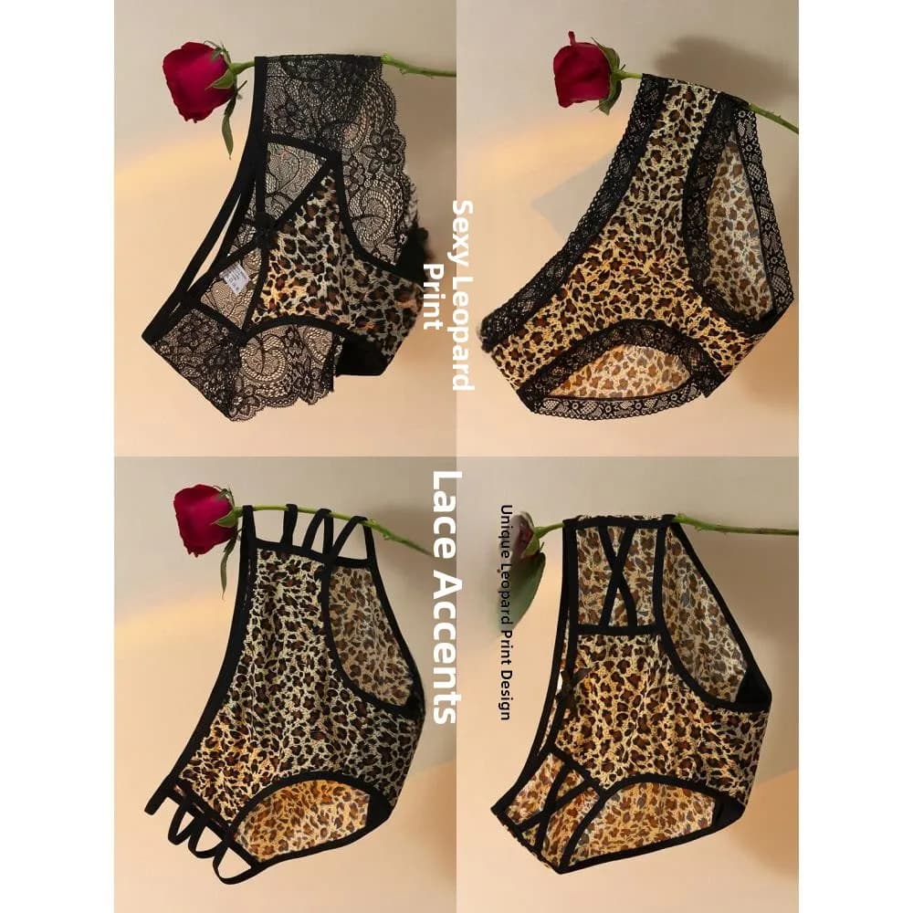 Sexy Lace Hollow out Ice Silk Leopard Print Shorts Women's Underwear Comfortable Seamless Breathable Girl's Panties