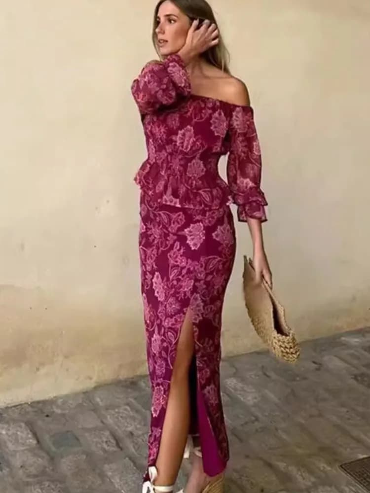 Sexy and elegant vintage printed two-piece set for women, summer fashion, sea holiday, long sleeve, top with collar on a line and slit skirt 2025
