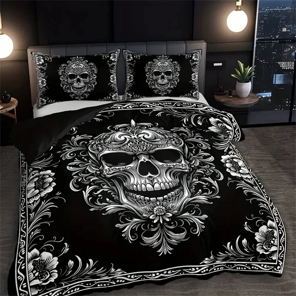 Set copripiumino con teschio gotico Set biancheria da letto king size vittoriano barocco con design bianco nero con federa per camera da letto