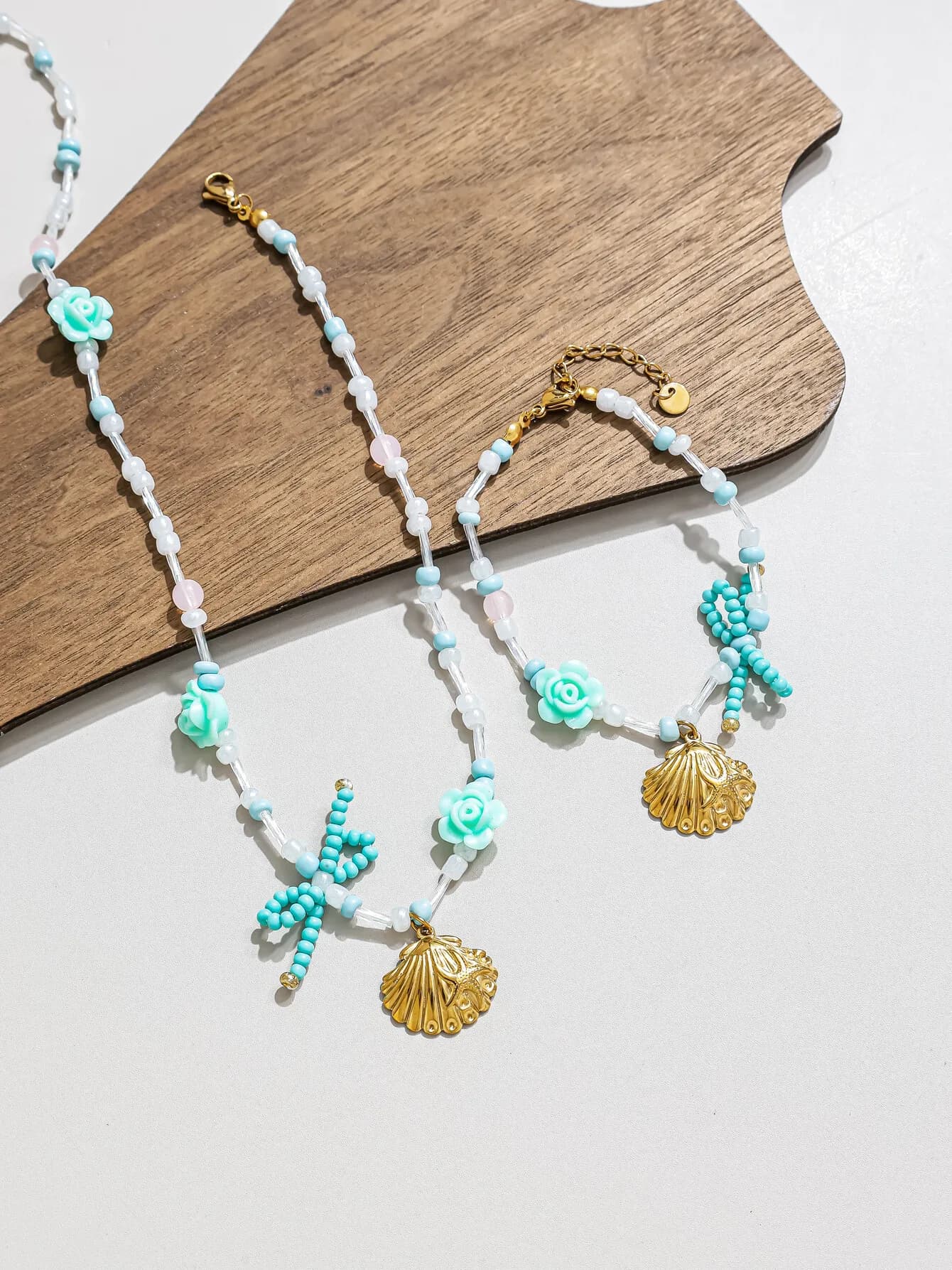 Bohemian style stainless steel seashell pendant seed bead bow flower necklace bracelet for women's vacation beach jewerly
