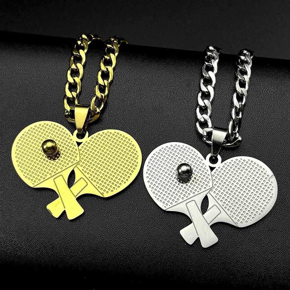 Ping-Pong Rack Chain Necklace, Stainless Steel Sport Jewel Color Gold for Men and Women, Fashion Hip-Hop Style
