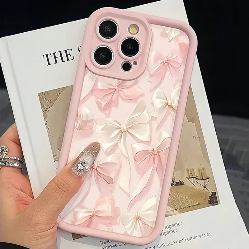 Phone case in soft shockproof TPU with pink bow pattern for iPhone 17 11 12 14 15 16 Pro Max XS X XR 7 8Plus 16E 17Air Cover