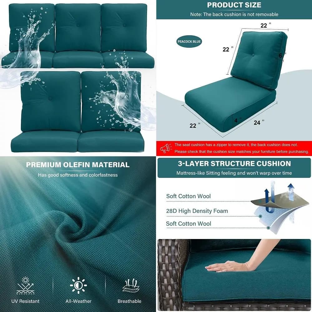 Chair Cushions 5 Sets 22 24 Patio Furniture Cushion with Removable Cover, 28D High Density Sponge Filling Outdoor Patio Cushion