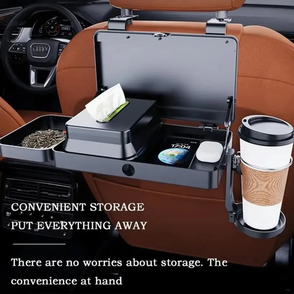Organizzatore Multifunzionale per Sedile Posteriore Auto, Vassoio Pieghevole Stabile per Poggiatesta Auto, Portatile con Portabicchieri, Tavolino per Auto, Ideale per Viaggi su Strada
