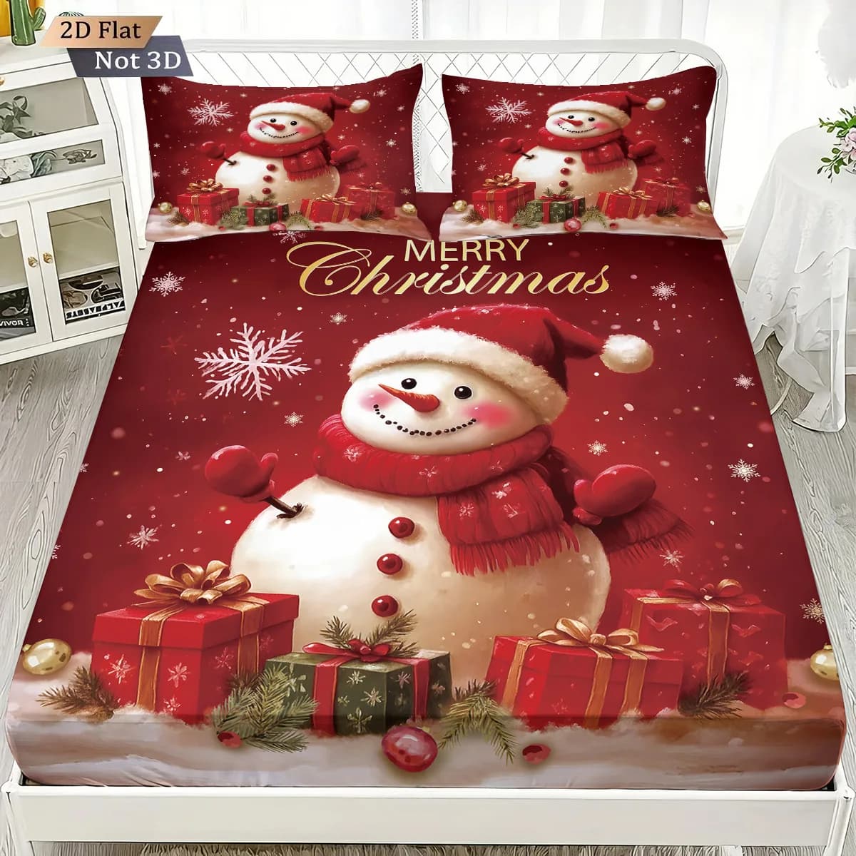 Set di lenzuola senza chip stampato rosso con pupazzo di neve di Natale da 3 pezzi, copriletto morbido multi formato, decorazione per biancheria da letto, lavabile in lavatrice