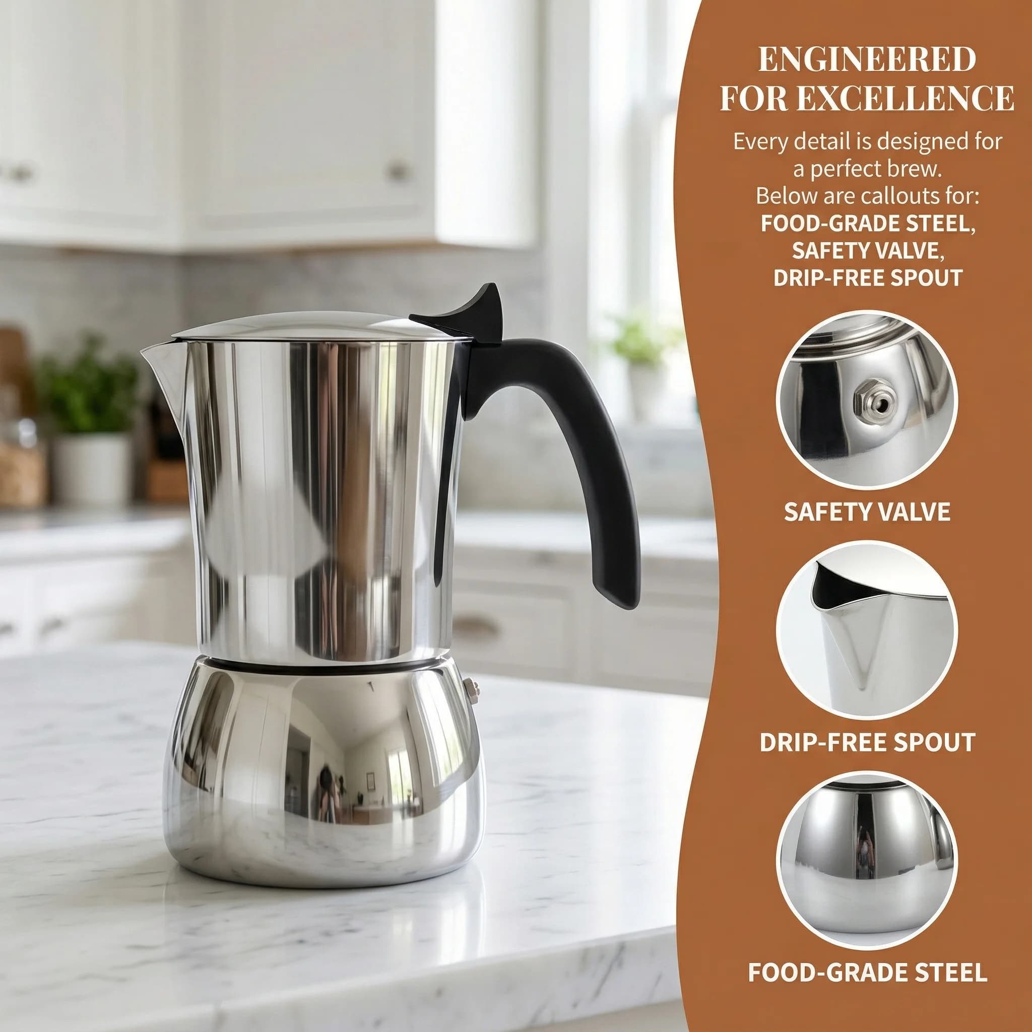 Caffettiera Moka Classica 4/6 Tazze in Acciaio Inossidabile Per Casa/Ufficio/Esterno. Compatibile con Induzione e Gas