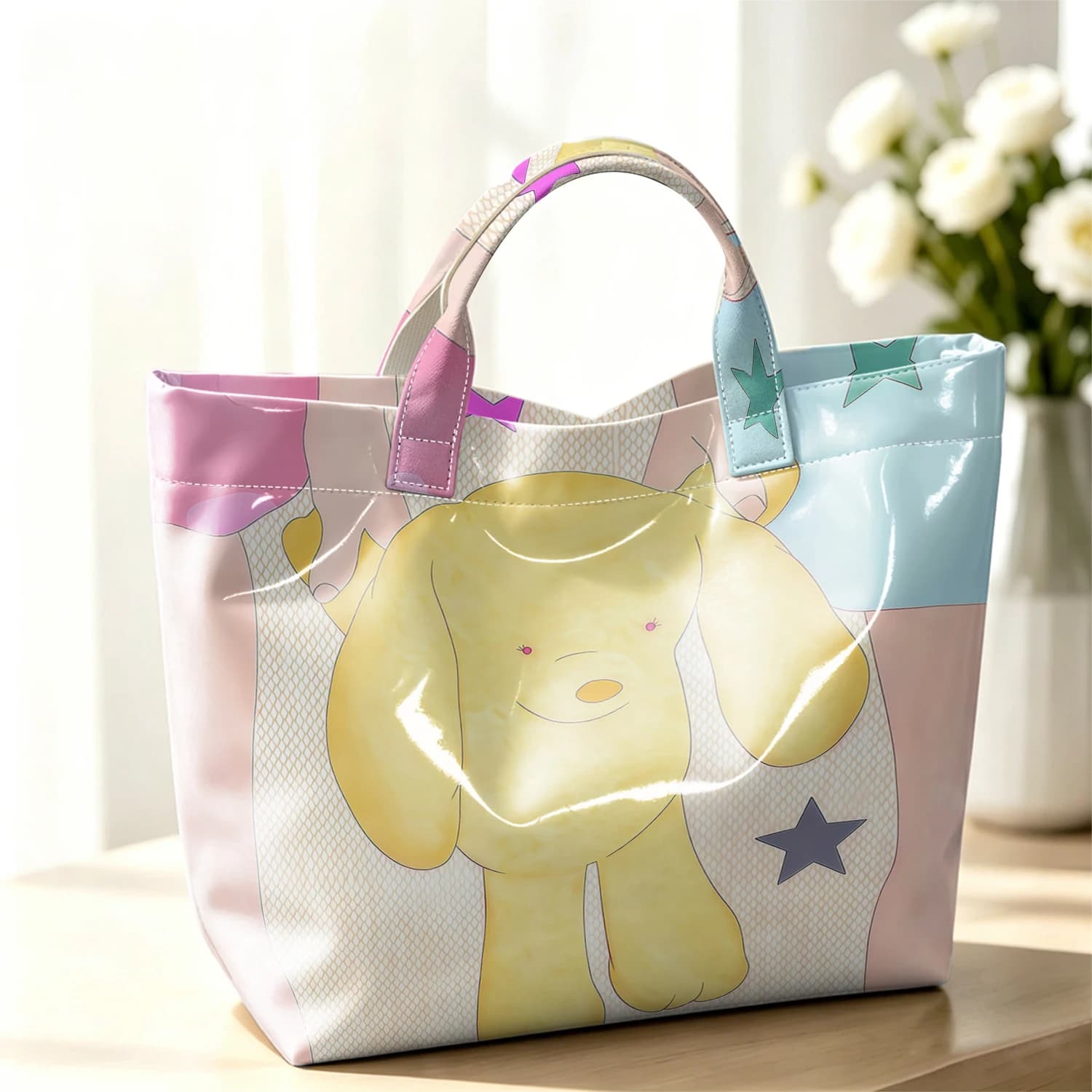 Yellow Puppy Doll Hot Sale Large Glossy PVC Tote Bag Hand Washable Waterproof Great for Travel Commute Makeup Storage Handbags