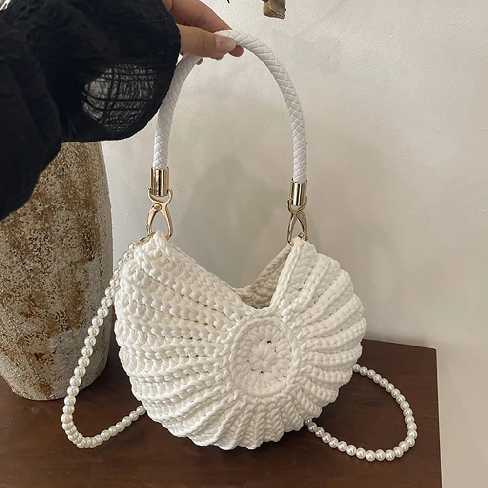 Women's Woven Pearl Chain Crossbody Bag Casual Solid Color Large Capacity All-Match Shoulder Bags Dating Commute Handbags