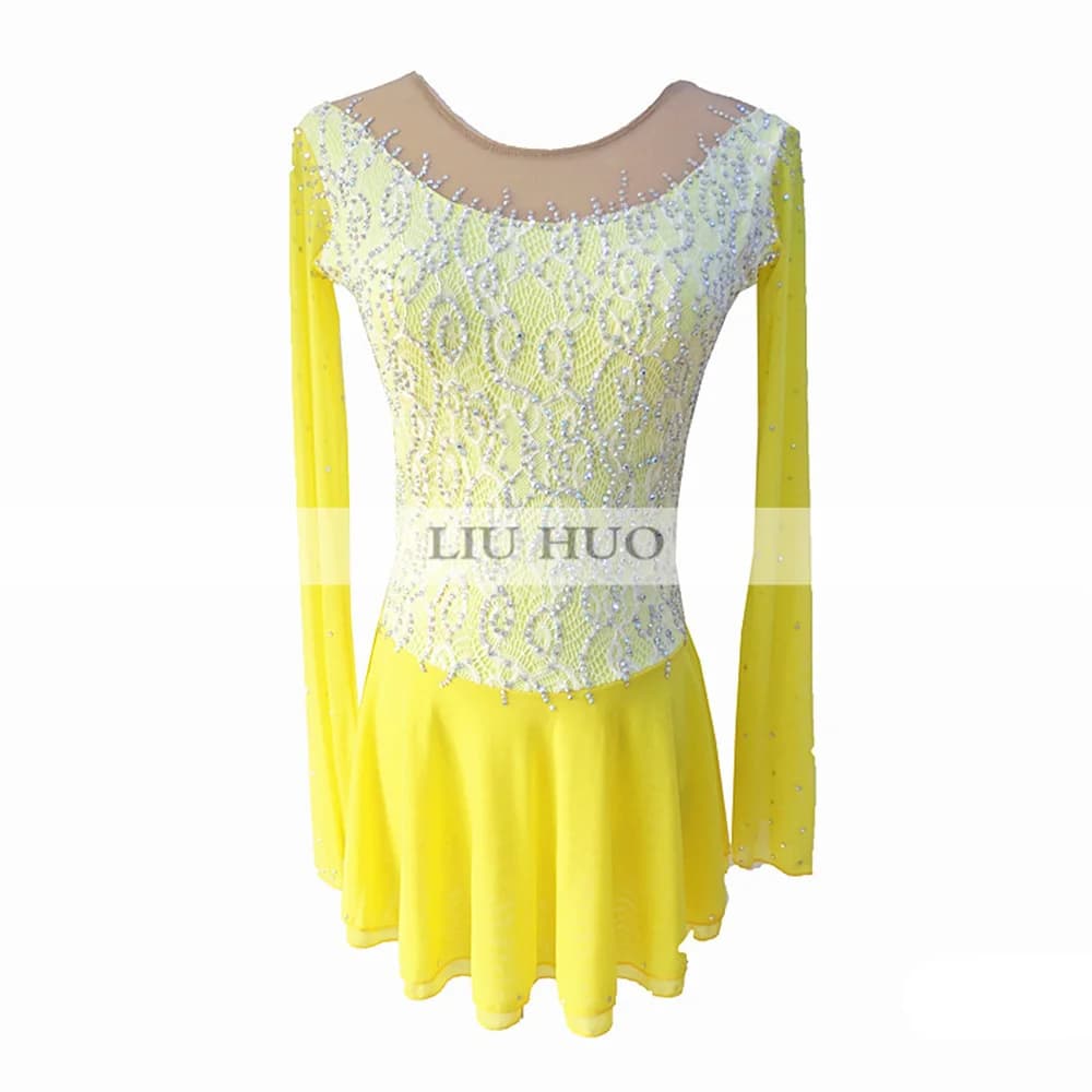 Abito da pattinaggio di figura Competizione sul ghiaccio per ragazze da donna Pizzo giallo Girocollo Manica lunga Body con strass Danza Sport Balletto Bambino