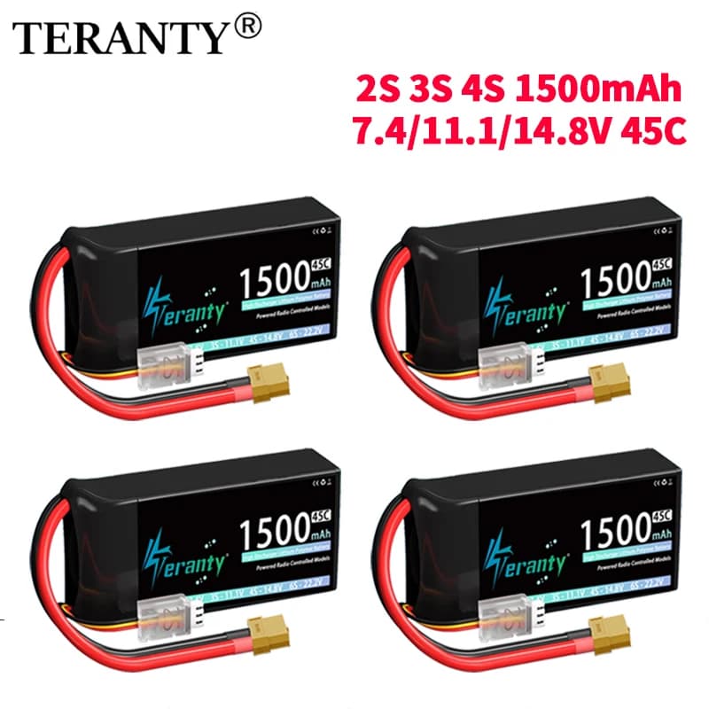 4 Pezzi Batteria Lipo TERANTY 2S 3S 4S 1500mAh 45C con Connettori T/XT30/XT60 per Aeroplani RC, Elicotteri, Quadricotteri, Droni FPV, Auto da Corsa e Hobby