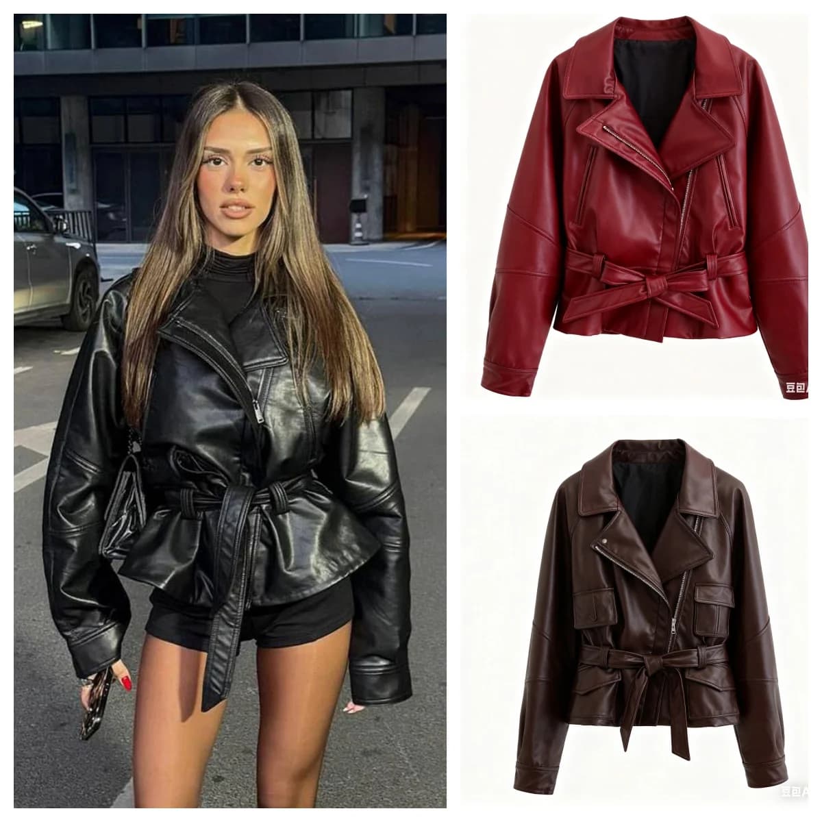 HH Women's Vintage Motorcycle Jacket With Belt Trench Leather Long Sleeve Long Sleeve Zippered Jacket with Turned Evening Head