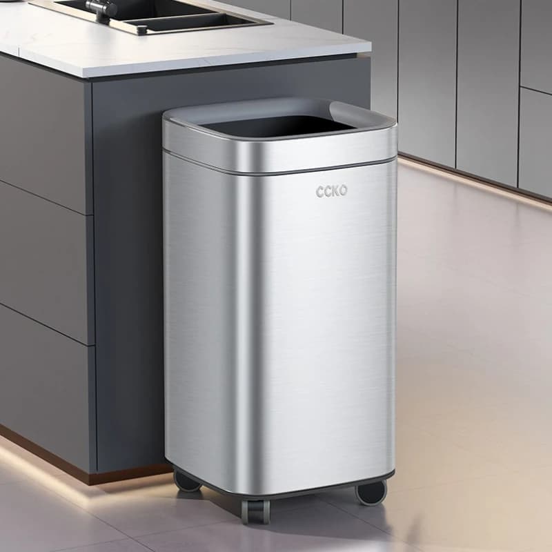 Stainless Steel Trash Can, Modern Minimalist Wastebasket with Large Capacity, Mobile Garbage Bin for Kitchen & Living Room