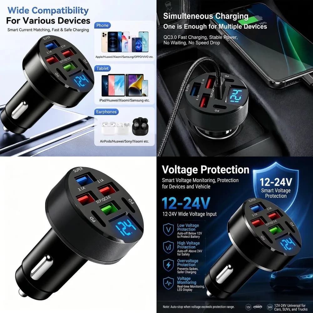 6 in 1 Multi Port Car Charger with LED Digital Voltage Display 100W QC3.0 PD Fast Charge USB Adapter for iPhone Samsung Tablet