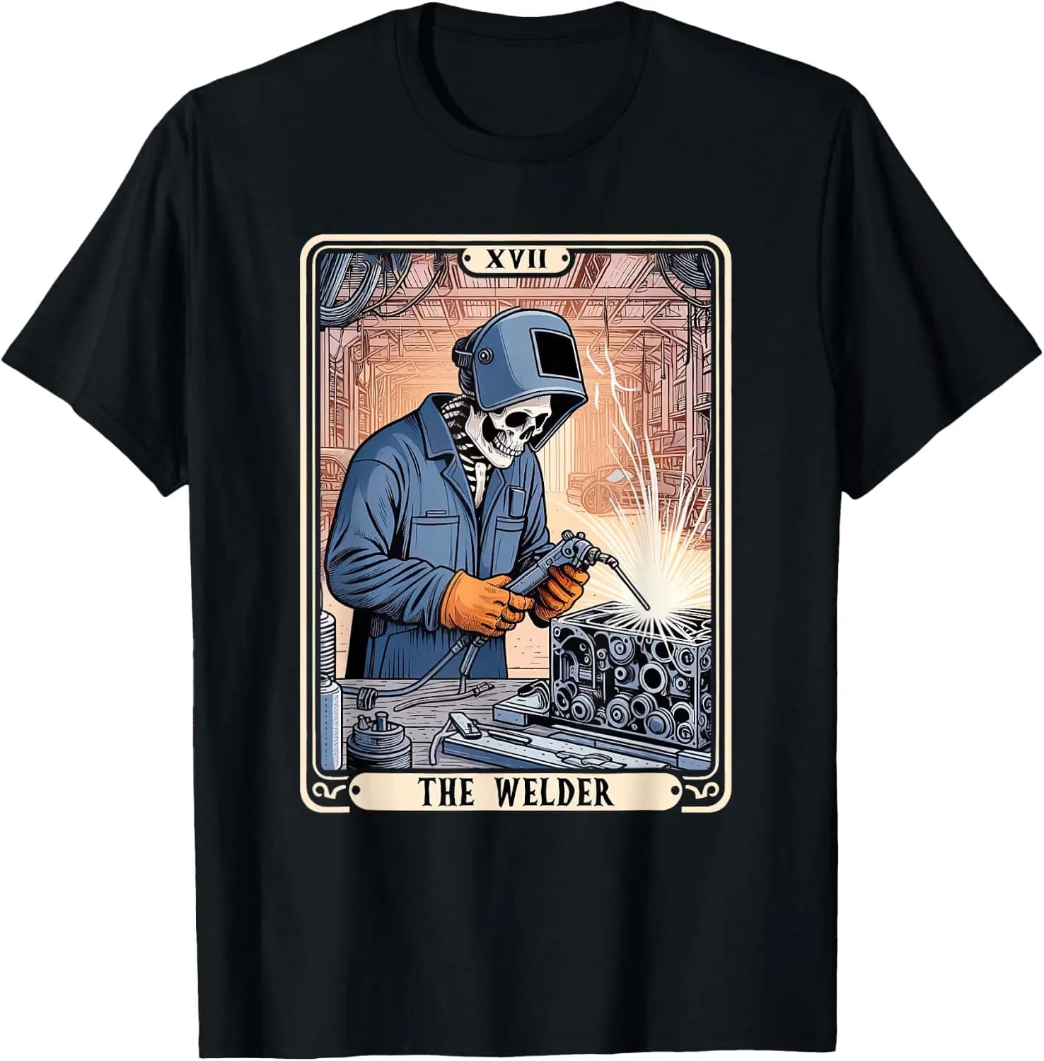 The Welder Welding Tarot Card Skeleton Funny Metal Worker T-Shirt Men Vintage Graphic T‑Shirt, Casual Crew Neck Short Sleeve Retro Art Print Tee, Classic Distressed Style Printed Top