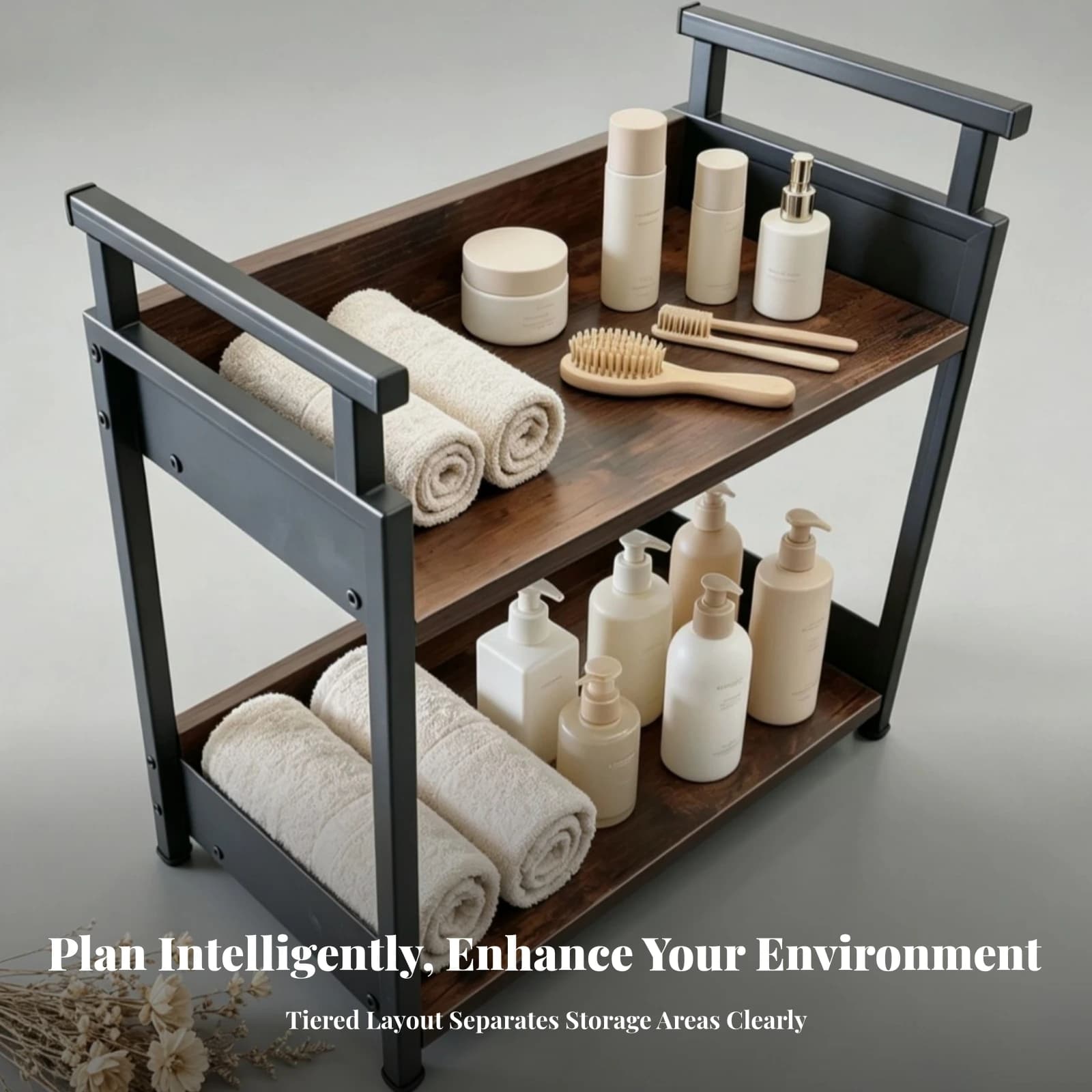 Desktop Storage Organizer Open Design Sturdy Two-Tier Storage Rack Industrial Shelf for Countertop