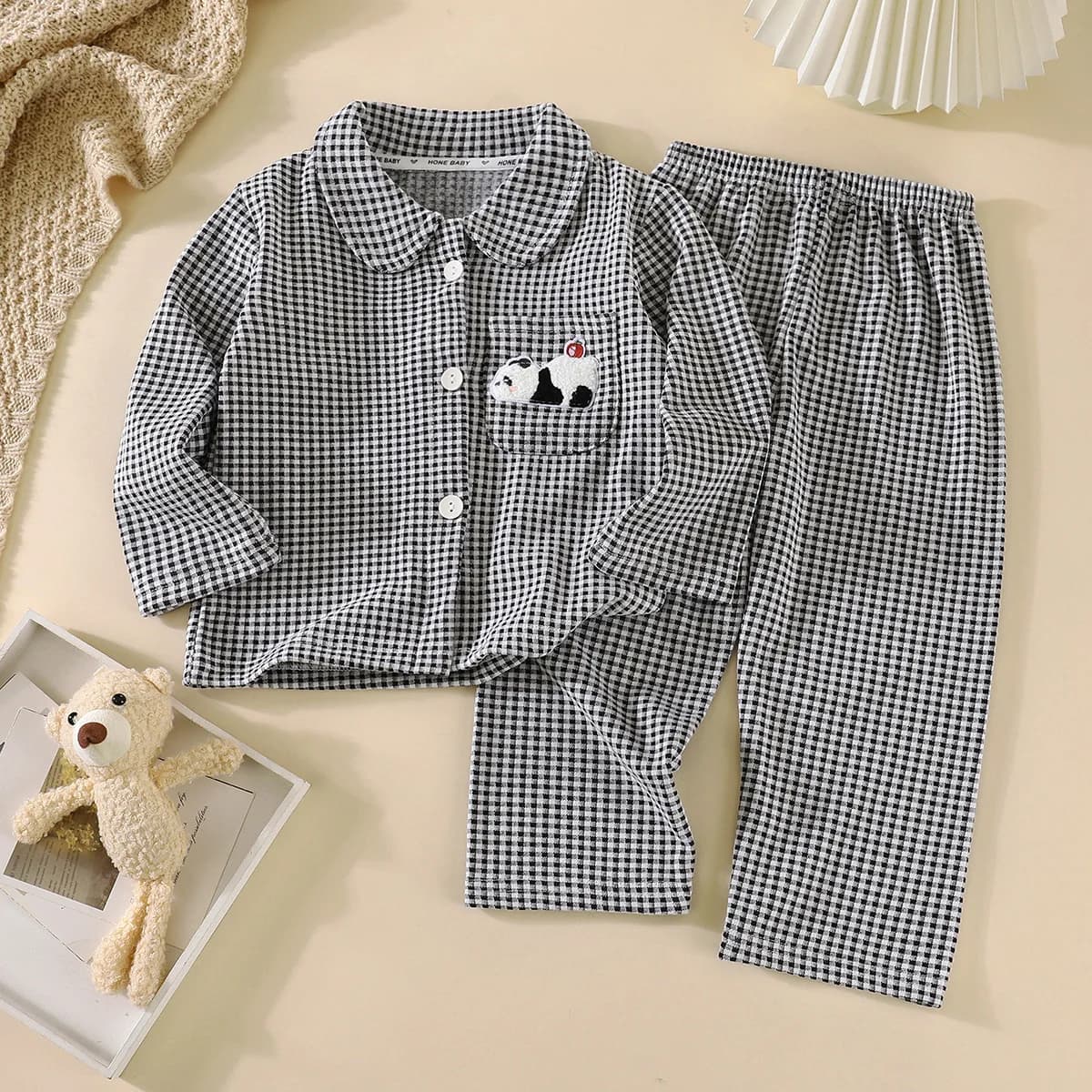 Boys Girls Spring Pajamas Kids Casual Plaid Long Sleeve Lapel Cartoon Shirt with Pants Pyjamas Youth Sleepwear Clothing Sets