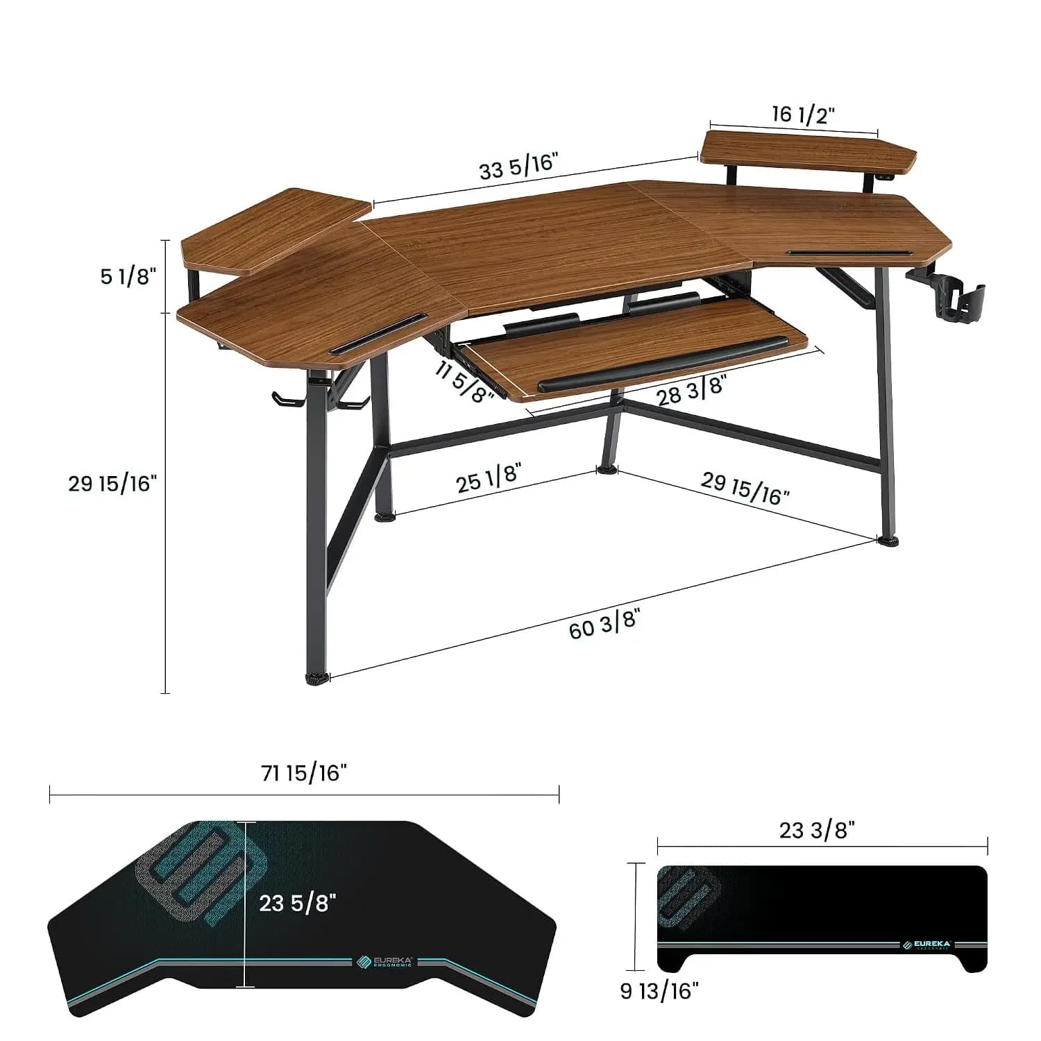 Wing Shaped Gaming Desk with Keyboard Tray 72 Inch Walnut, Customized