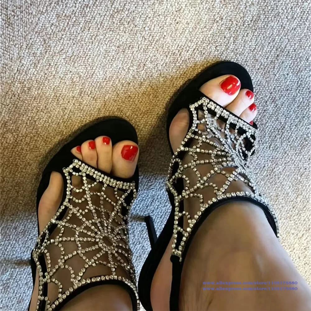 Sandali con Tacco Alto a Ragnatela con Strass, Scarpe Stiletto in Velluto Nero, Scarpe da Festa Firmate, Sandalias De Mujer Verano