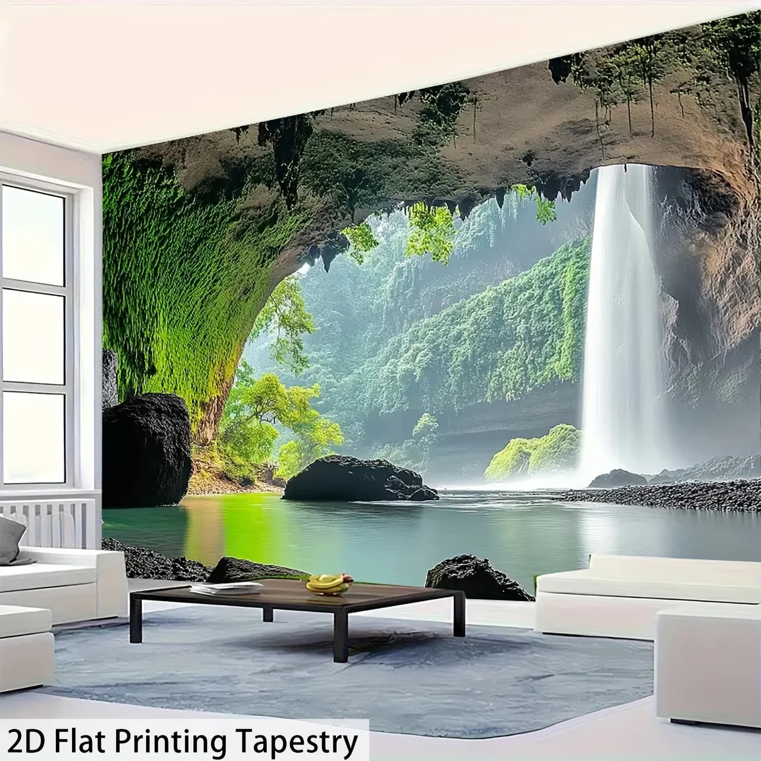 Majestic Waterfall Cave Tapestry Wall Hanging, Lush Green Forest River Landscape Print, Boho Home Decor for Living Room Bedroom