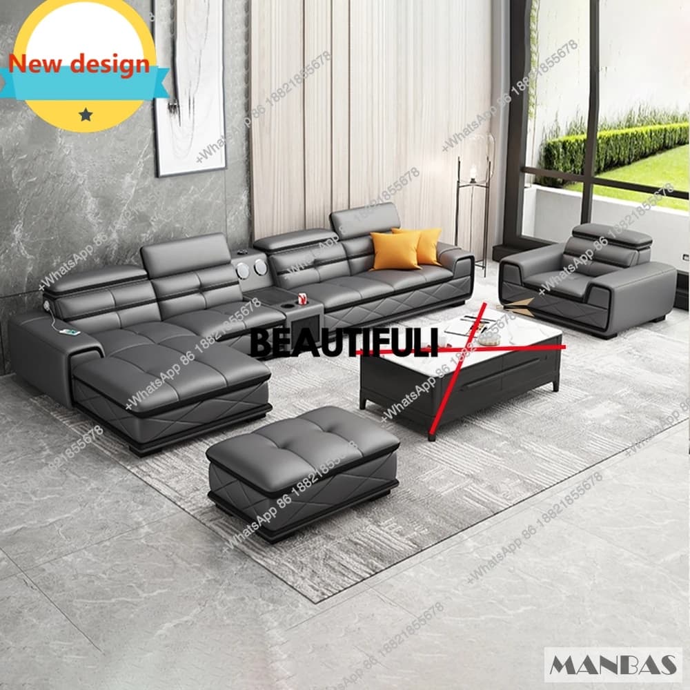 C139 Modern Genuine Leather Sectional Sofa Sets Couch Sofas with USB Charging and Bluetooth Speaker - MINGDIBAO Living Room Furn