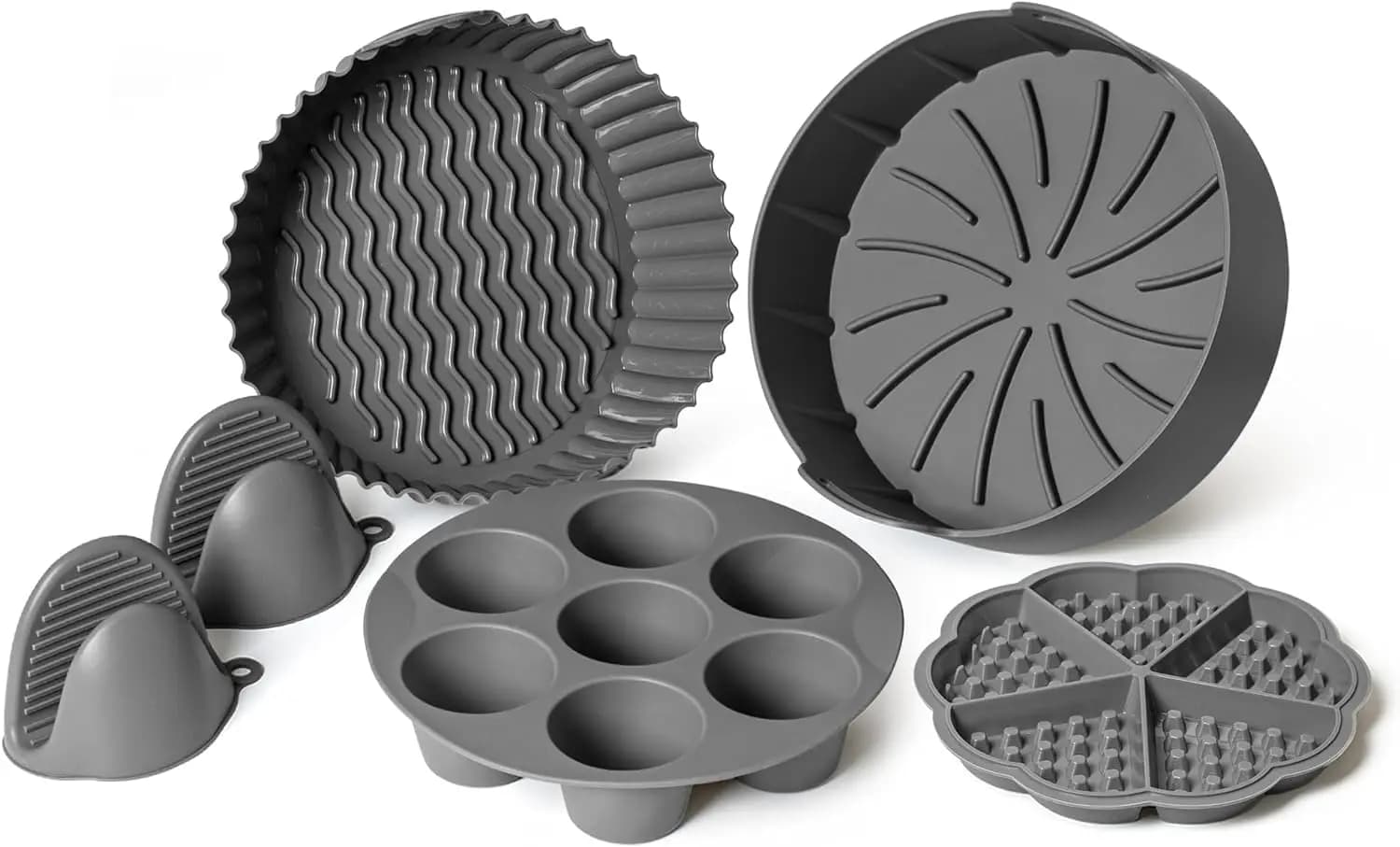 EM Set of 5 Silicone Inserts for Air Fryer with Egg Stamp, Waffle and Gloves Mould - 7.5 Reusable Round Inserts for 3-5 Qt Fryers