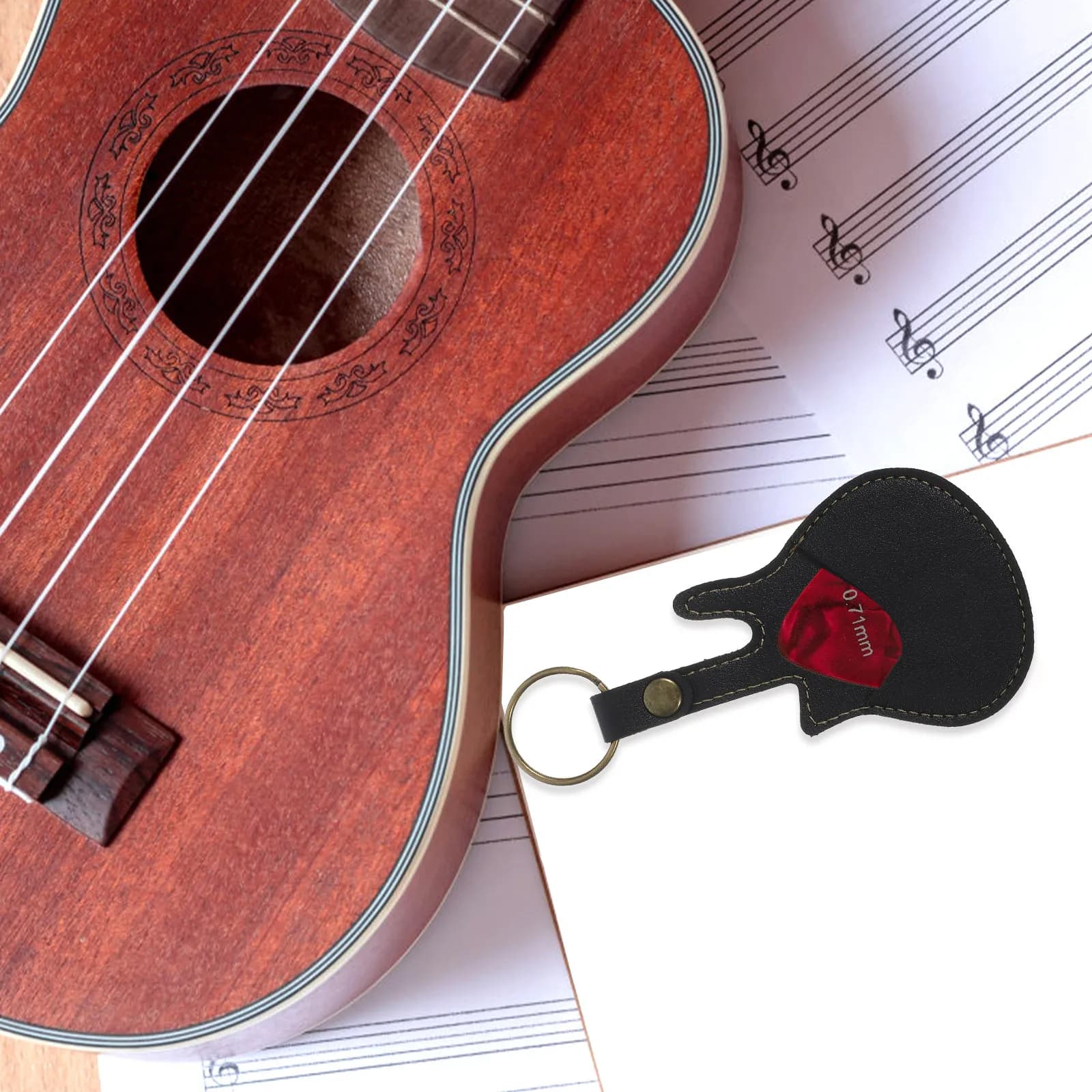 Porta Plettri per Chitarra Compatto con Design a Portachiavi, Costruzione in PU e Lega di Zinco per Plettri di Chitarra, Basso e Accessori per Ukulele