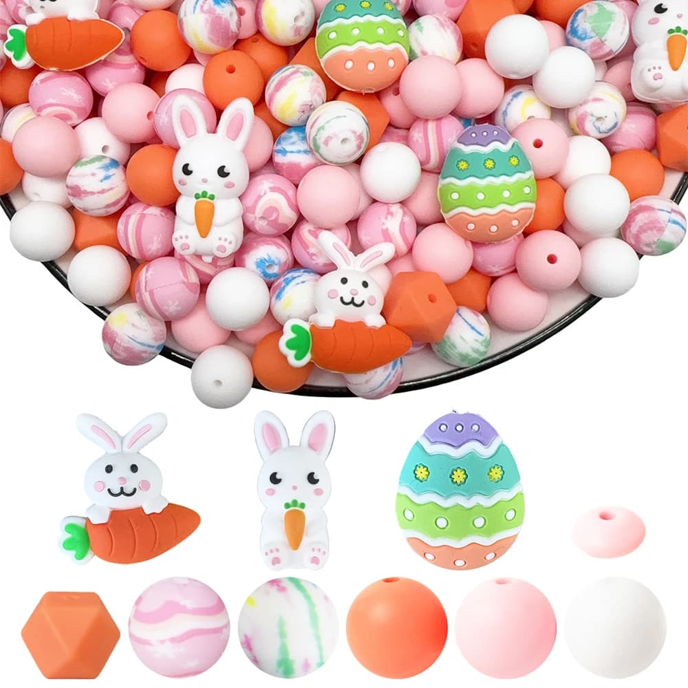 25/32/44/60PCS Easter White Rabbit Silicone Bead Set, Perfect for DIY Handmade Crafts Such as Keychains, Necklaces, Bracelets,