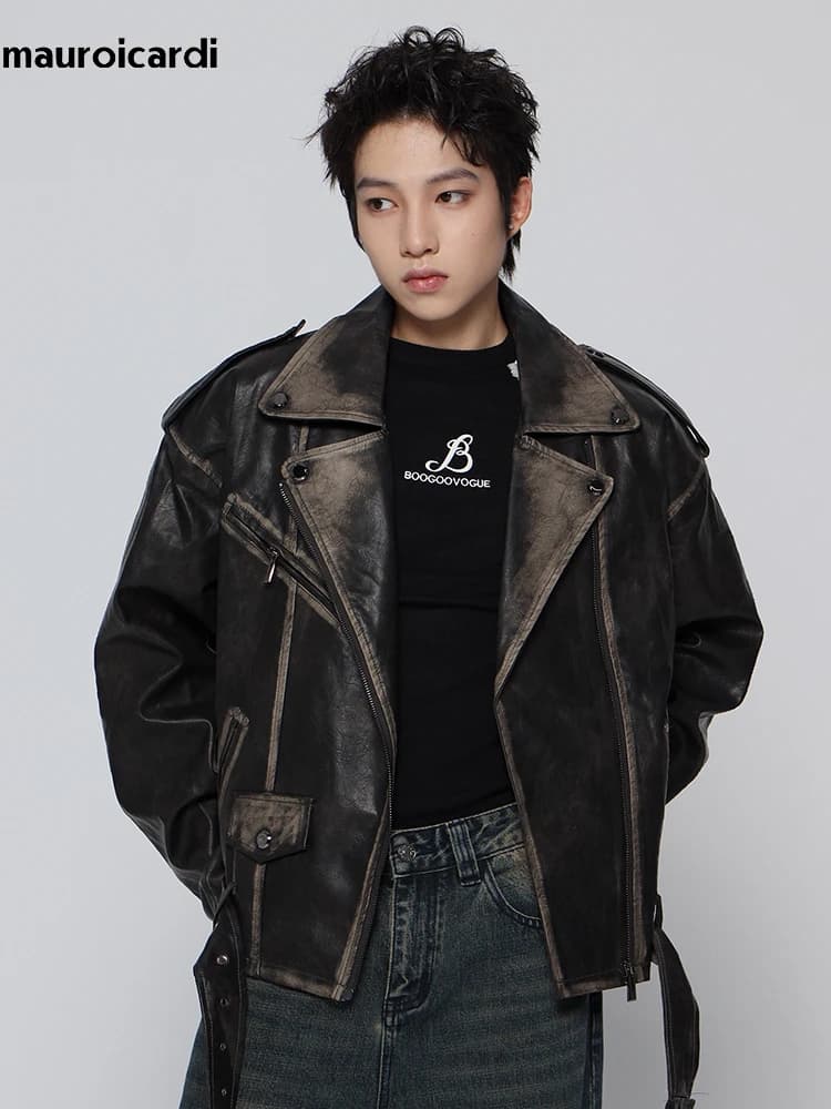 Mauroicardi primavera Cool Handsome Vintage Distressed Black Pu Leather Biker jacket Men Belt Zipper Loose Unisex Clothes 2024