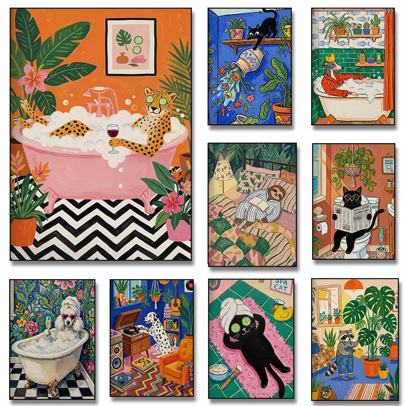 1pc frameless Canvas Painting Sloth Reading Black Cat Spa Fox Drinking Coffee Dog in Bathtub Poster Canvas Painting Print Cozy A
