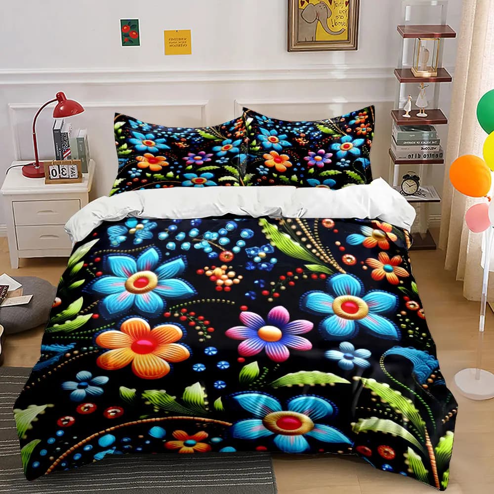 Elegant Vibrant Floral Patterns Print Bedding Set 1 Duvet Cover 2 Pillowcases for Adult and Children Luxury Gift Full Size