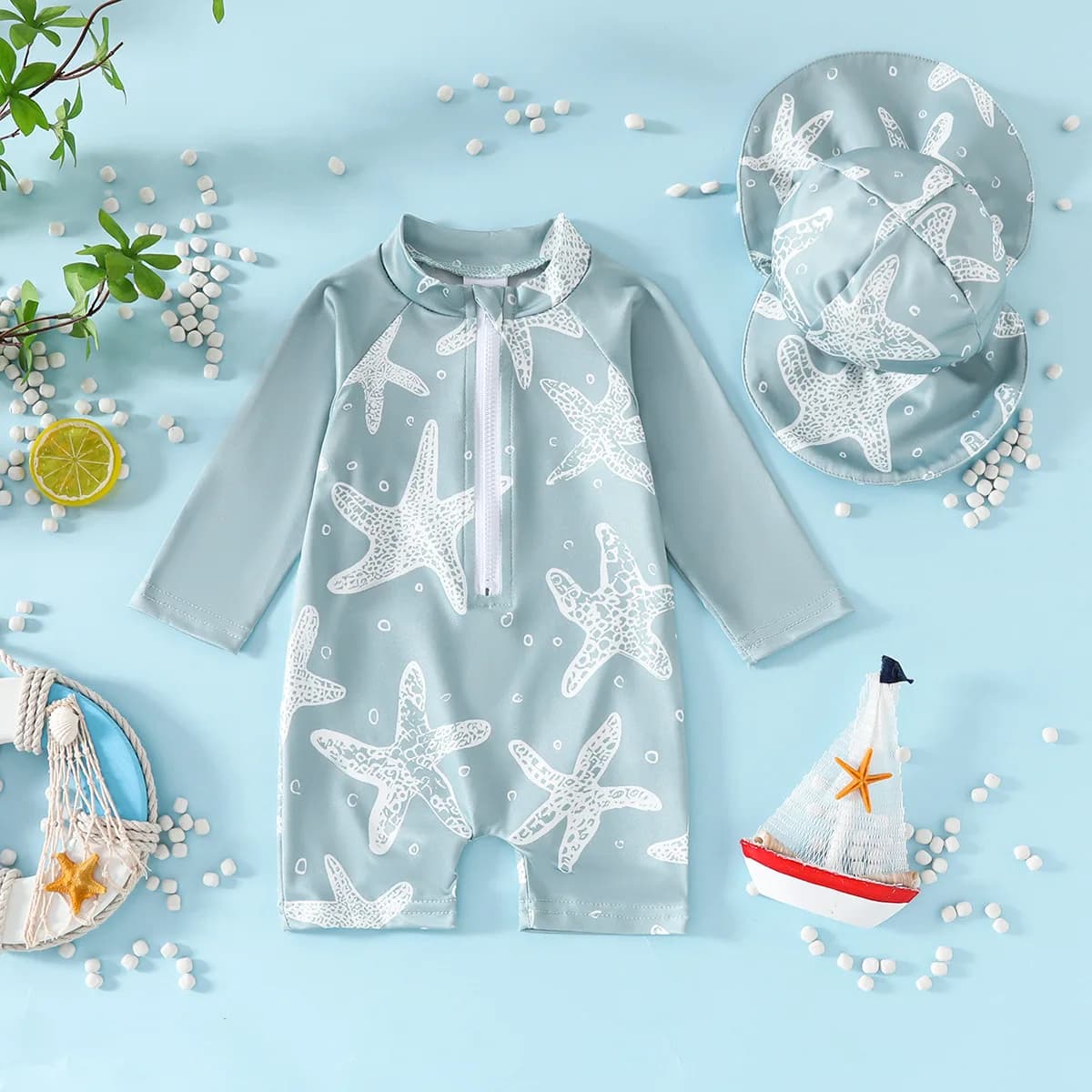 Costume da bagno per bambini da 2 pezzi, rash guard, manica lunga, stampa a strisce di stelle marine, costume da bagno per neonati, costumi da bagno con cuffie da bagno, costumi da bagno