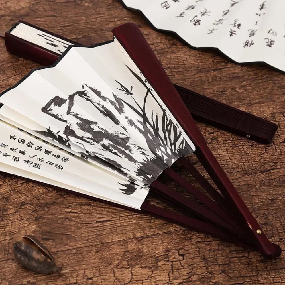 Bamboo Handle Folding Fan Chinese Retro Style Traditional Chinese Painting Hand Fan Silk Cloth Laser Engraving Bamboo Fan