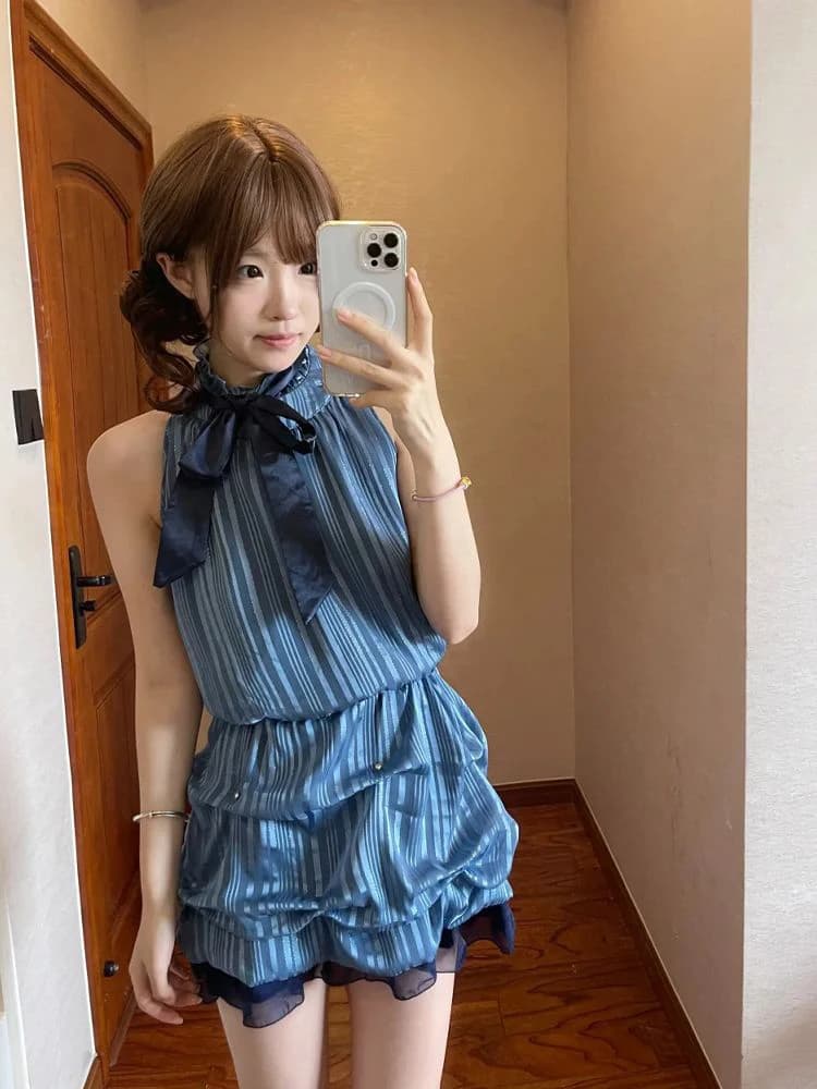 Elegant Summer Sleeveless Neck Hanging Knot Short Dress Women's Fashion Slimming A-Line Skirt French Style Polyeste...