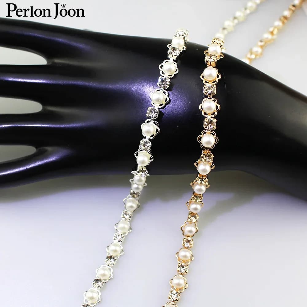 7 mm di larghezza fiore in metallo toro catena di perle strass trim fai da te decorato in abbigliamento, borse, accessori scolari ML120