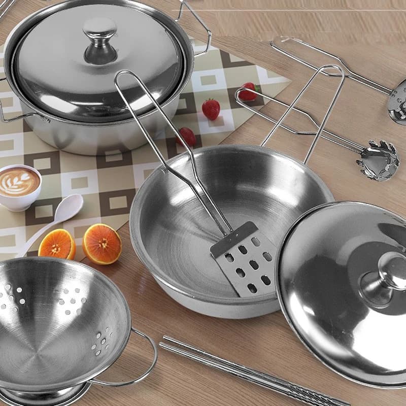 Kitchen Fining Games Accessories Toys with pots and pans of stainless steel Set, kitchen utensils, learning tools for gifts