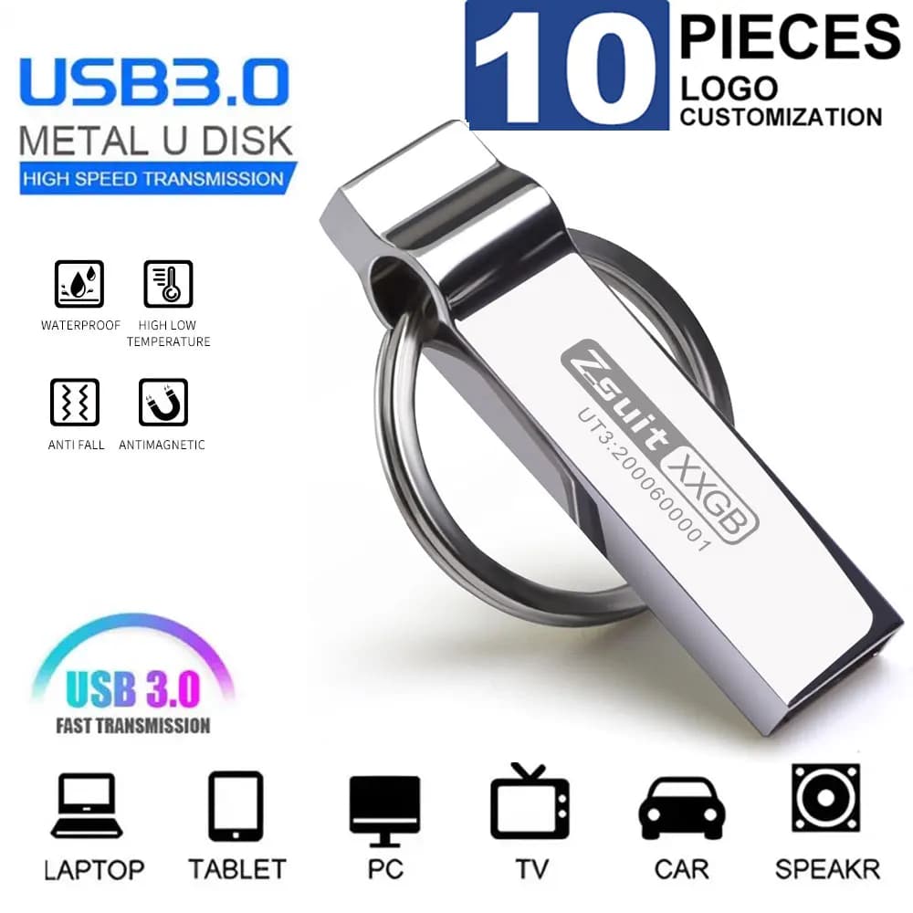 10 Pz/lotto Chiavetta USB 2.0 4G Pendrive Impermeabile 3.0 64g Memory Stick In Metallo Ad Alta Velocità 128G Flash Pen Drive Logo Libero U disco