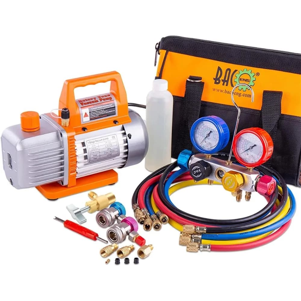 Set pompa per vuoto CA e manometro, kit pompa per vuoto HVAC a 4 vie per refrigeranti R134a R410a R22, con raccordi rapidi per auto R134a