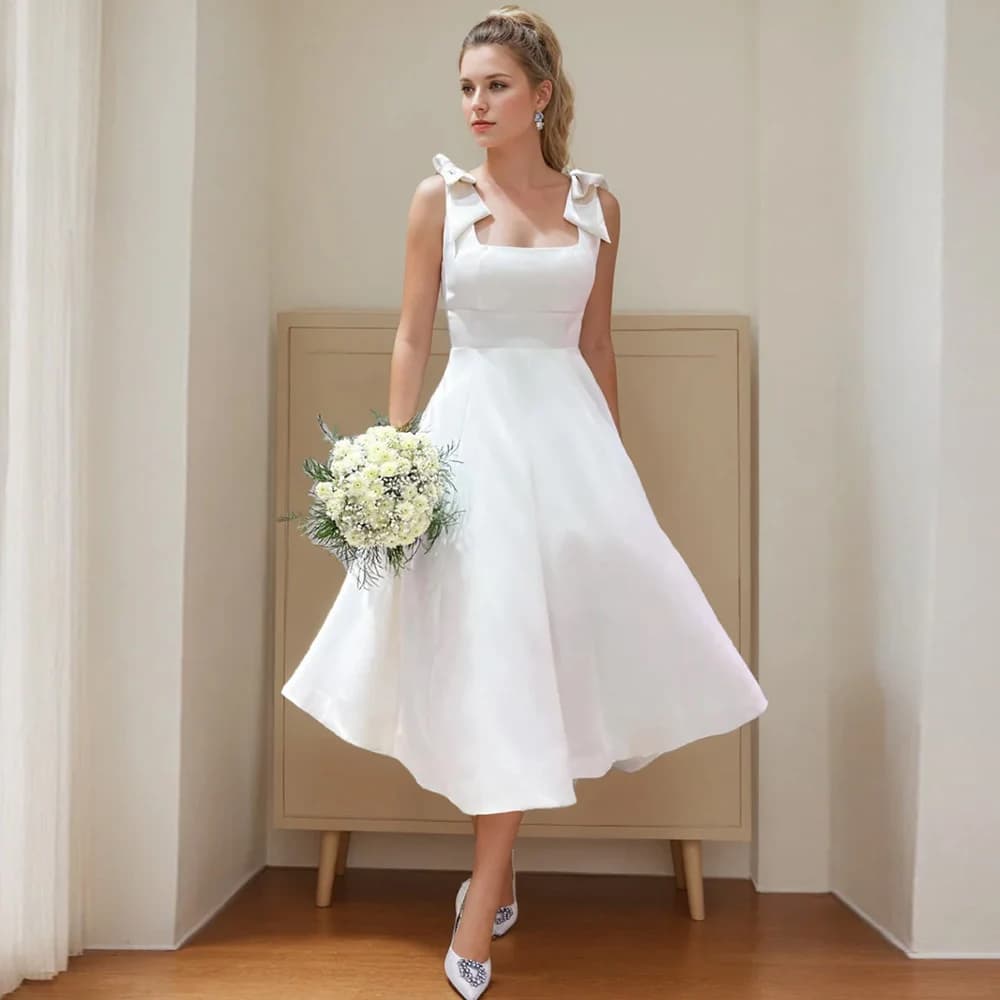 Customized Elegant Midi Wedding Dresses Satin A-line Wedding Party Dress White Square Neck Bow Simple Bridal Gown 2024