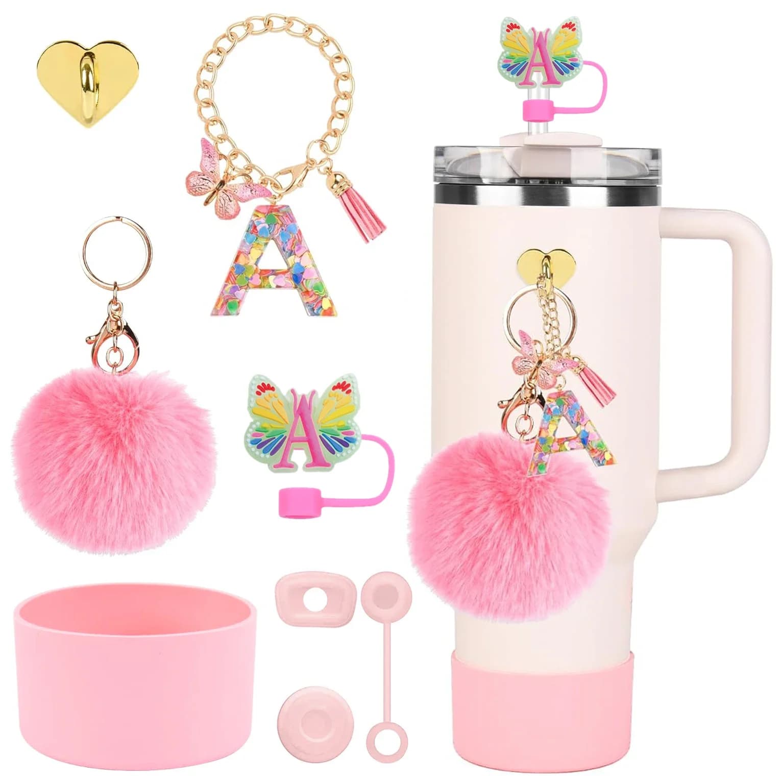 8pcs Accessories Set for Stanley Cup Initials Silicone Straw Cover and Boot Cute Letter Charms for 40oz 30oz Tumbler with Handle