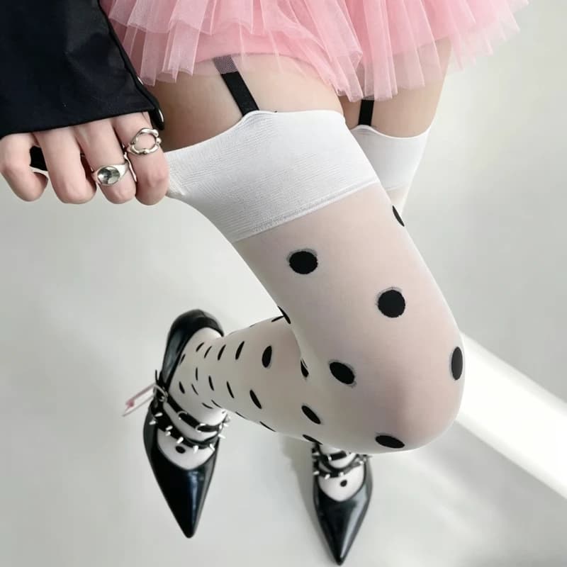 Calze a rete Y2K Lolita a pois con giarrettiere, sexy, trasparenti, bianche, ultra sottili, da donna, sopra il ginocchio, per l'estate