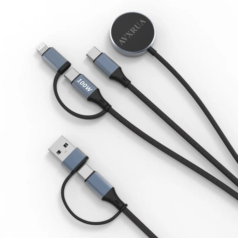 AVXRUA Cavo caricabatterie rapido multifunzione da 100 W con ingresso USBA/USBC per Macbook, caricabatterie wireless per telefono, per orologio, AirPods, doppia porta USB-C